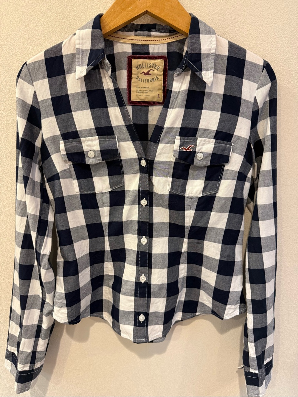 Hollister Navy and White Check Button-Down Shirt